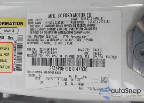 2013 Ford Fusion Se from USA, damaged, VIN 3FA6P0HR1DR147030